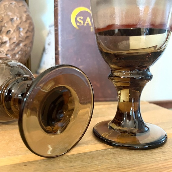 Vintage Libbey Sango Nova Brown Stem 7" Wine Water Goblet Glass Set of 2 - Picture 5 of 5